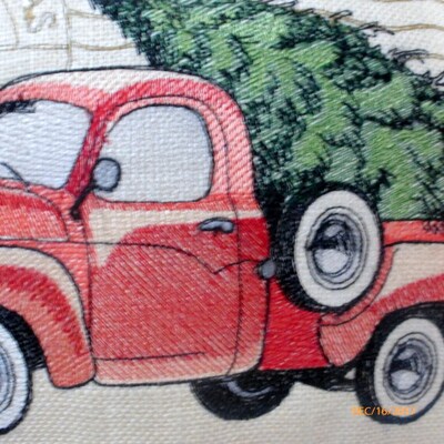 Red Truck pillow cover, Embroidered Truck Christmas pillow cover - image4